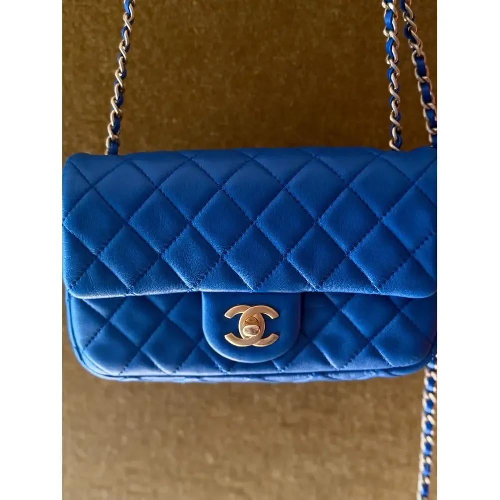 Chanel 22B Blue Lambskin Mini Square Pearl Crush Flap Bag Full Set-microchip